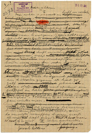 Eerste pagina kladhandschrift 'Achter de Schermen'